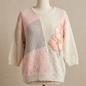 Vintage Margules M 80s Pastel Colorblock Floral‎ Applique Knit Sweater Medium